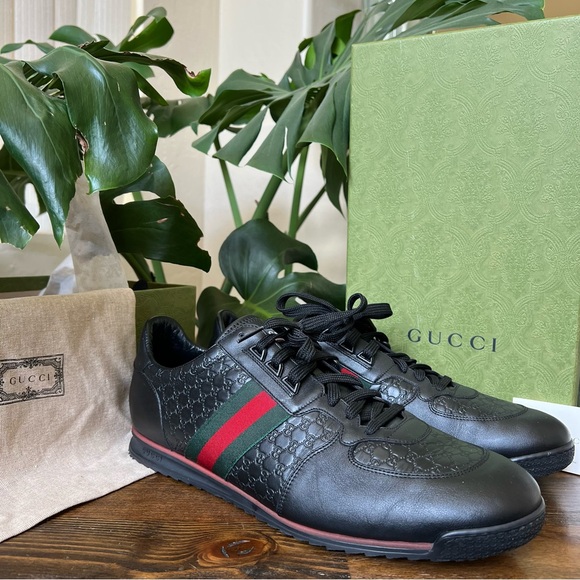 ❗️SOLD❗️GUCCI MicroGuccisima GG Web Detail  Black Leather Sneakers US14.5 - Picture 3 of 14